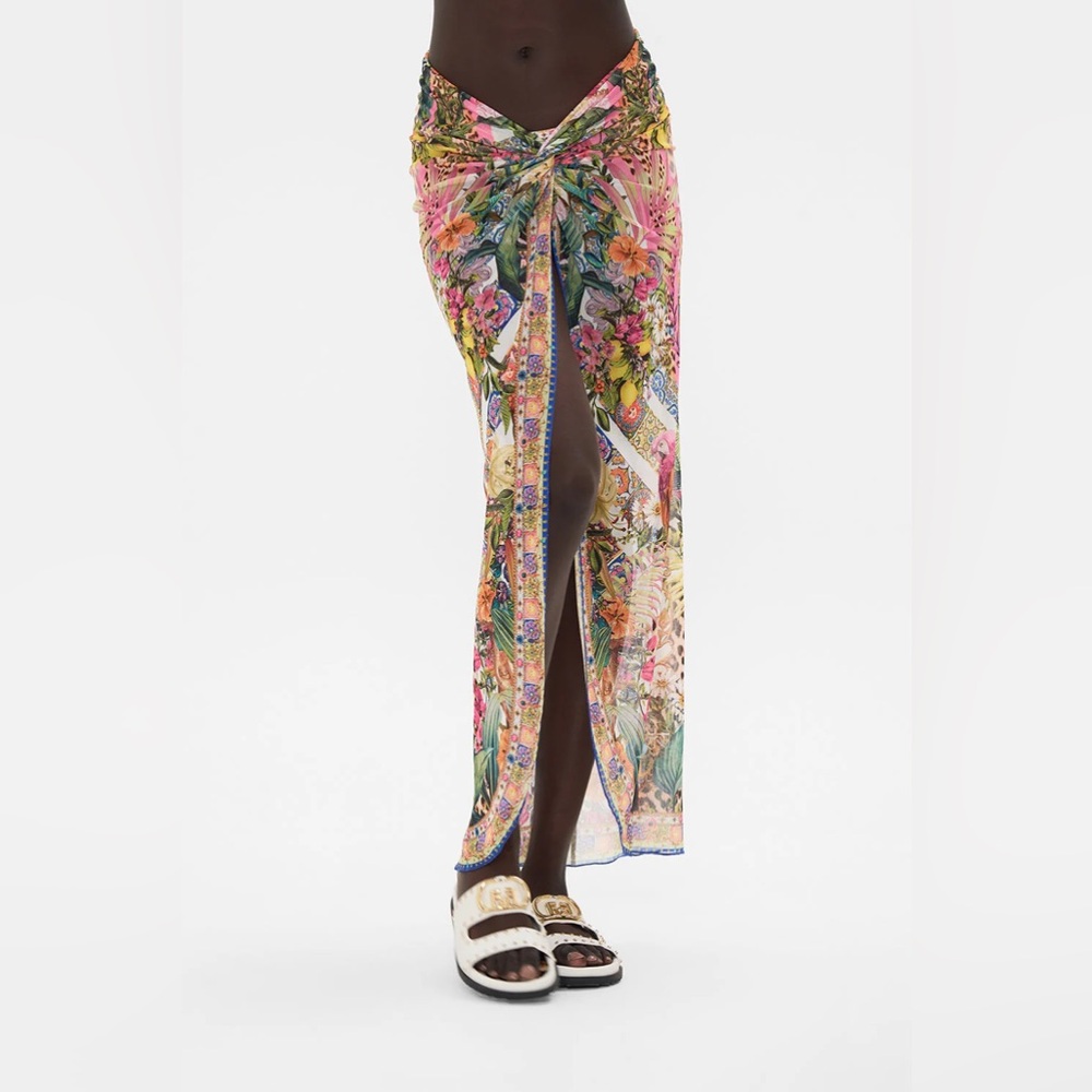 Camilla “Flowers of Neptune” sheer long twist front boho swim coverup skirt M - Picture 2 of 10